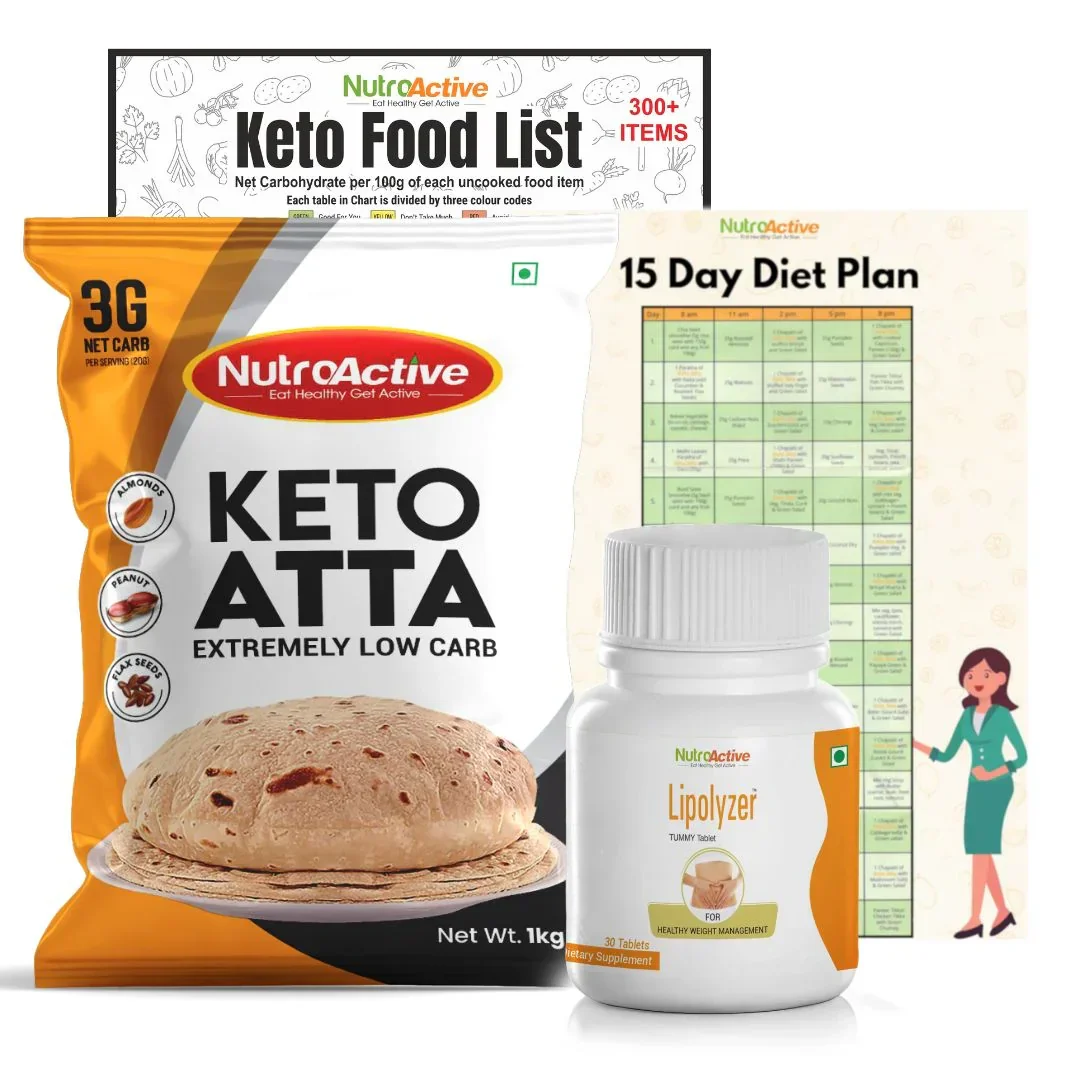 Premium Weight Loss Kit (Keto atta 1 kg, Lipolyzer Tummy tablet, Keto Food List & 15 days Diet Plan (Download)